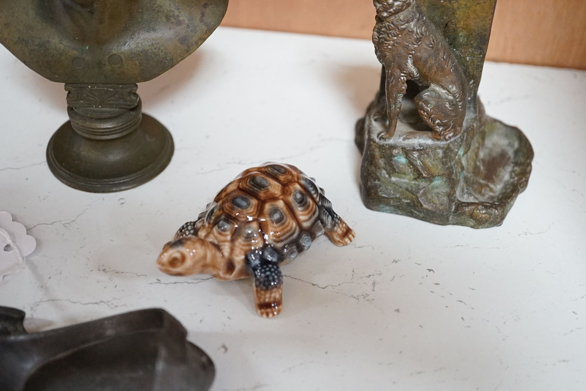 A Bruce Bainsfather Cast brass bottle stopper, 13cm, WMF cruet stand and 7 other items